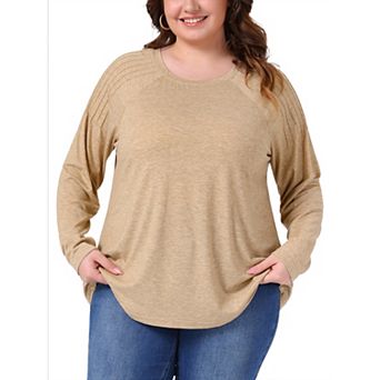 Plus Size Top for Women Long Sleeve Crew Neck Pleated Shirts Loose Fit Tunic Tops