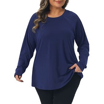 Plus Size Top for Women Long Sleeve Crew Neck Pleated Shirts Loose Fit Tunic Tops