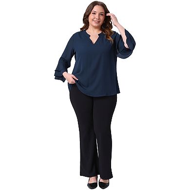 Plus Size Tops for Women Dressy 3/4 Bell Sleeve Blouses Double Layered Chiffon Work Tunic Shirts
