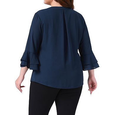 Plus Size Tops for Women Dressy 3/4 Bell Sleeve Blouses Double Layered Chiffon Work Tunic Shirts