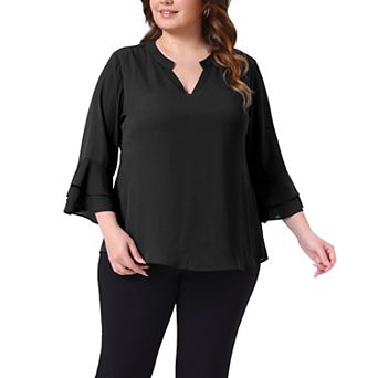 Plus Size Tops for Women Dressy 3/4 Bell Sleeve Blouses Double Layered Chiffon Work Tunic Shirts