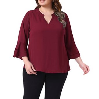 Plus Size Tops for Women Dressy 3/4 Bell Sleeve Blouses Double Layered Chiffon Work Tunic Shirts