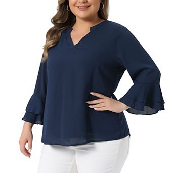 Plus Size Tops for Women Dressy 3/4 Bell Sleeve Blouses Double Layered Chiffon Work Tunic Shirts