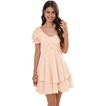 Women Summer Mini Dress Short Sleeve V Neck Ruffled Irregular Hem Sundress for Casual Daily