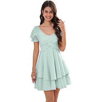 Women Summer Mini Dress Short Sleeve V Neck Ruffled Irregular Hem Sundress for Casual Daily