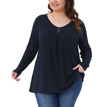 Plus Size Top for Women Long Sleeve V Neck Button Casual Loose Tunic Tops Basic Tee Shirts