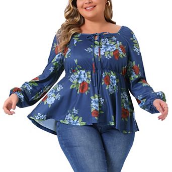 Plus Size Blouse for Women Sweetheart Neckline Long Sleeve Floral Peplum Top