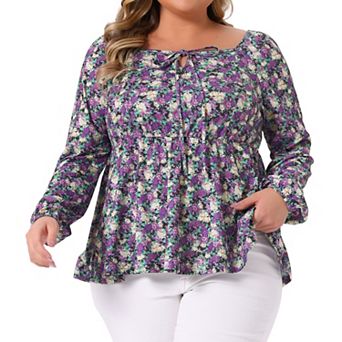 Plus Size Blouse for Women Sweetheart Neckline Long Sleeve Floral Peplum Top