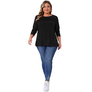 Women's Plus Size Long Sleeve T Shirt Tops Crew Neck Front Tucks Detail Casual Blouse Basic Tee Top