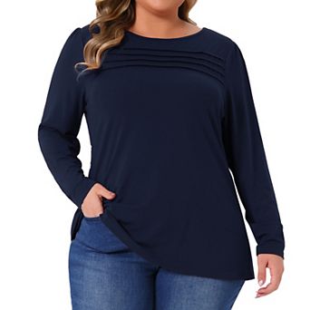 Women's Plus Size Long Sleeve T Shirt Tops Crew Neck Front Tucks Detail Casual Blouse Basic Tee Top