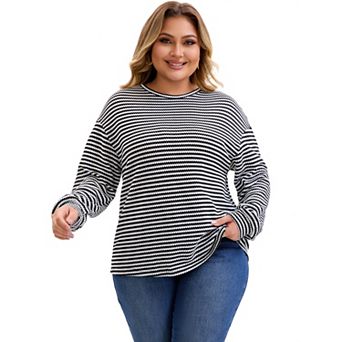 Plus Size Striped Shirt for Women Crew Neck Long Sleeve Blouse Elastic Cuffs Casual Basic Tees