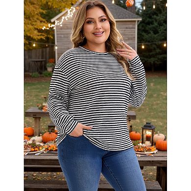 Plus Size Striped Shirt for Women Crew Neck Long Sleeve Blouse Elastic Cuffs Casual Basic Tees