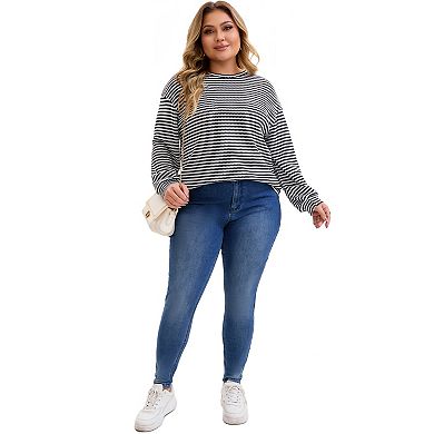 Plus Size Striped Shirt for Women Crew Neck Long Sleeve Blouse Elastic Cuffs Casual Basic Tees