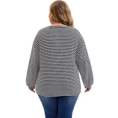 Plus Size Striped Shirt for Women Crew Neck Long Sleeve Blouse Elastic Cuffs Casual Basic Tees