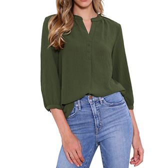 V Neck Button Shirt for Women's 3/4 Sleeve Pleated Trim Henley Casual Blouse Tops