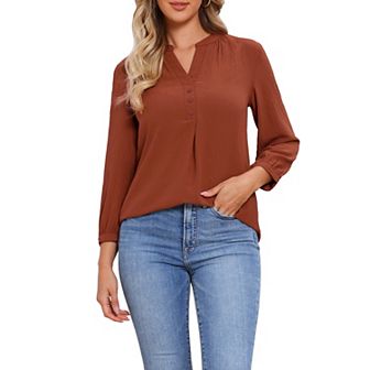 V Neck Button Shirt for Women's 3/4 Sleeve Pleated Trim Henley Casual Blouse Tops