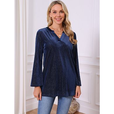 Women's Glitter Velvet Top V Neck Long Sleeve Metallic Tunic Blouse Loose Party Sparkle Shirt