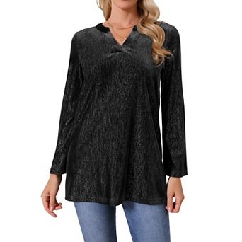 Women's Glitter Velvet Top V Neck Long Sleeve Metallic Tunic Blouse Loose Party Sparkle Shirt