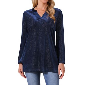 Women's Glitter Velvet Top V Neck Long Sleeve Metallic Tunic Blouse Loose Party Sparkle Shirt