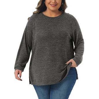 Plus Size T Shirts for Women Long Sleeve Crew Neck Casual Pullover Loose Side Split Knit Blouse Top