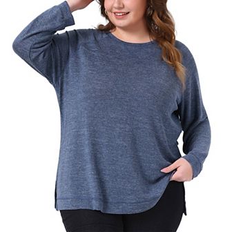 Plus Size T Shirts for Women Long Sleeve Crew Neck Casual Pullover Loose Side Split Knit Blouse Top