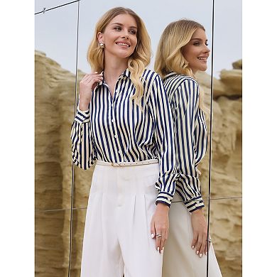 Women's Satin Striped Shirt Button Down Long Sleeve Office Blouse