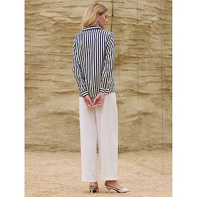 Women's Satin Striped Shirt Button Down Long Sleeve Office Blouse