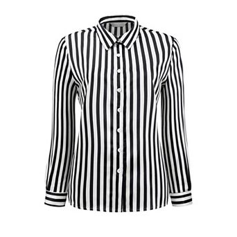 Women's Satin Striped Shirt Button Down Long Sleeve Office Blouse