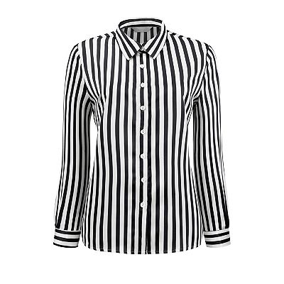 Women's Satin Striped Shirt Button Down Long Sleeve Office Blouse