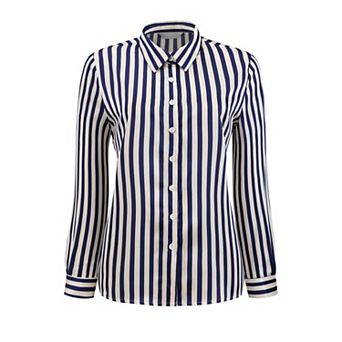 Women's Satin Striped Shirt Button Down Long Sleeve Office Blouse