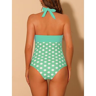 2Pcs Women's Halterneck Polka Dot Bikini Monokini, One Piece Tummy Control Cut Out String Swimsuit