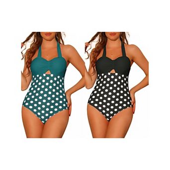 2 pc Women's Halterneck Polka Dot Bikini Monokini, One Piece Tummy Control Cut Out String Swimsuit