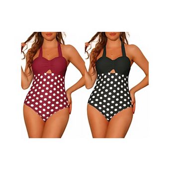 2 pc Women's Halterneck Polka Dot Bikini Monokini, One Piece Tummy Control Cut Out String Swimsuit