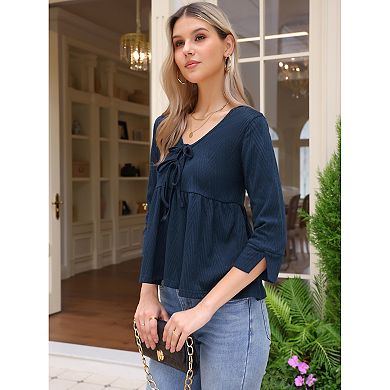 Casual Peplum Top for Women's 3/4 Sleeve Tie V Neck Ruffle Hem Summer Blouse