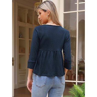 Casual Peplum Top for Women's 3/4 Sleeve Tie V Neck Ruffle Hem Summer Blouse