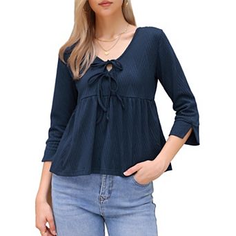 Casual Peplum Top for Women's 3/4 Sleeve Tie V Neck Ruffle Hem Summer Blouse