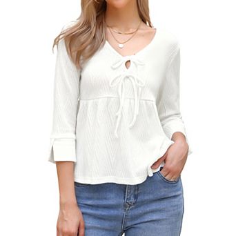 Casual Peplum Top for Women's 3/4 Sleeve Tie V Neck Ruffle Hem Summer Blouse