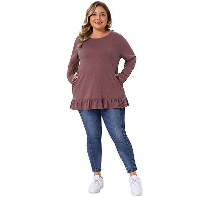 Plus Size Casual Tunic Tops for Women Crew Neck Long Sleeve Ruffled Hem Flowy Blouses with Pockets