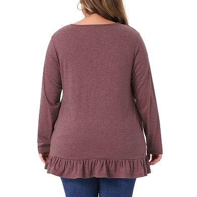 Plus Size Casual Tunic Tops for Women Crew Neck Long Sleeve Ruffled Hem Flowy Blouses with Pockets
