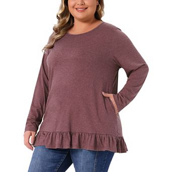 Plus Size Casual Tunic Tops for Women Crew Neck Long Sleeve Ruffled Hem Flowy Blouses with Pockets