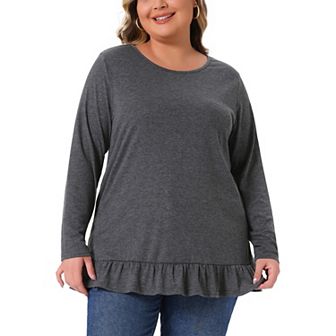 Plus Size Casual Tunic Tops for Women Crew Neck Long Sleeve Ruffled Hem Flowy Blouses with Pockets