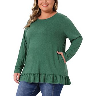 Plus Size Casual Tunic Tops for Women Crew Neck Long Sleeve Ruffled Hem Flowy Blouses with Pockets