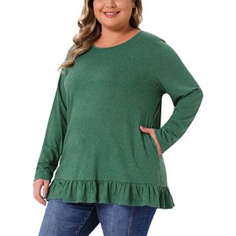 Plus Size Casual Tunic Tops for Women Crew Neck Long Sleeve Ruffled Hem Flowy Blouses with Pockets