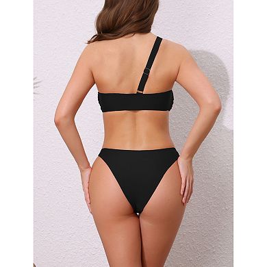Women's Asymmetric One Shoulder Strap Metallic Ring Bikini Sets, 2Pcs Triangle Bottom Swimwear Suits