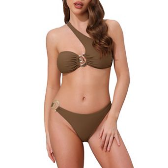Women's Asymmetric One Shoulder Strap Metallic Ring Bikini Sets, 2 pc Triangle Bottom Swimwear Suits
