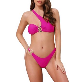 Women's Asymmetric One Shoulder Strap Metallic Ring Bikini Sets, 2 pc Triangle Bottom Swimwear Suits