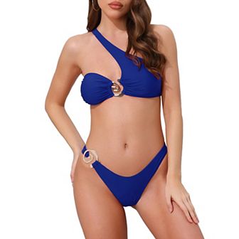 Women's Asymmetric One Shoulder Strap Metallic Ring Bikini Sets, 2 pc Triangle Bottom Swimwear Suits