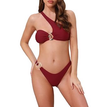 Women's Asymmetric One Shoulder Strap Metallic Ring Bikini Sets, 2 pc Triangle Bottom Swimwear Suits