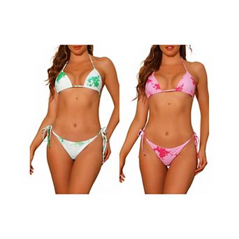 2 Sets Women's Tie Dye Bandeau Bathing Suits Bikini Sets, Tie Side Triangle Bottoms Swimwear