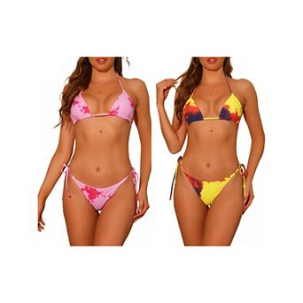2 Sets Women's Tie Dye Bandeau Bathing Suits Bikini Sets, Tie Side Triangle Bottoms Swimwear